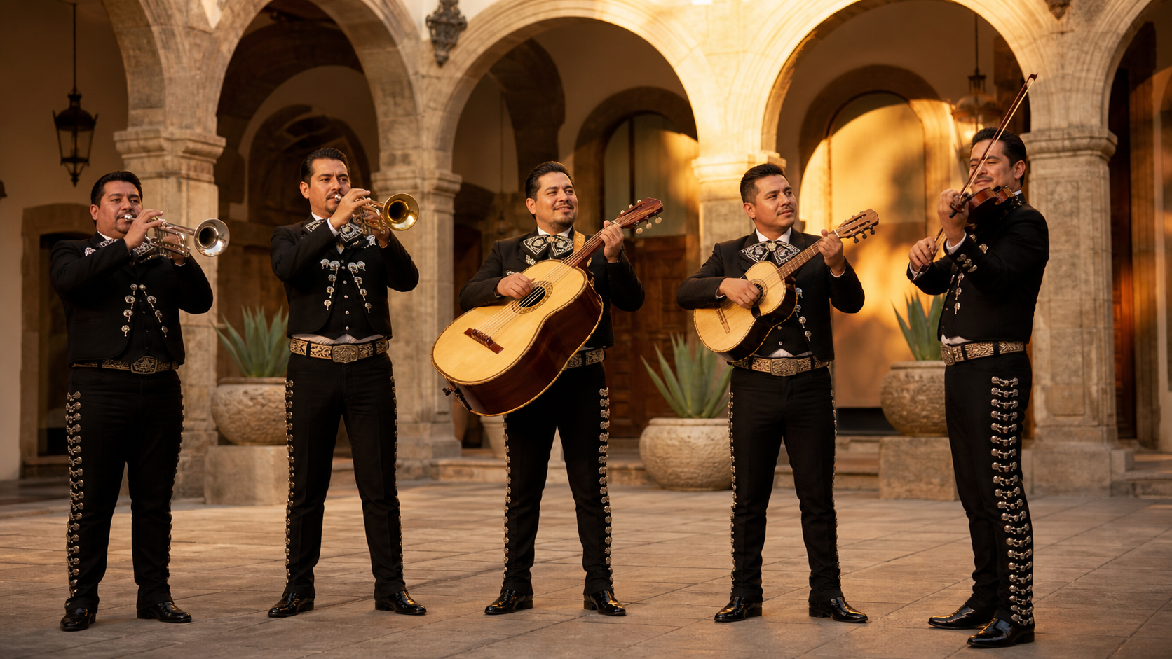 Mariachi profesional tocando en un patio de Guadalajara