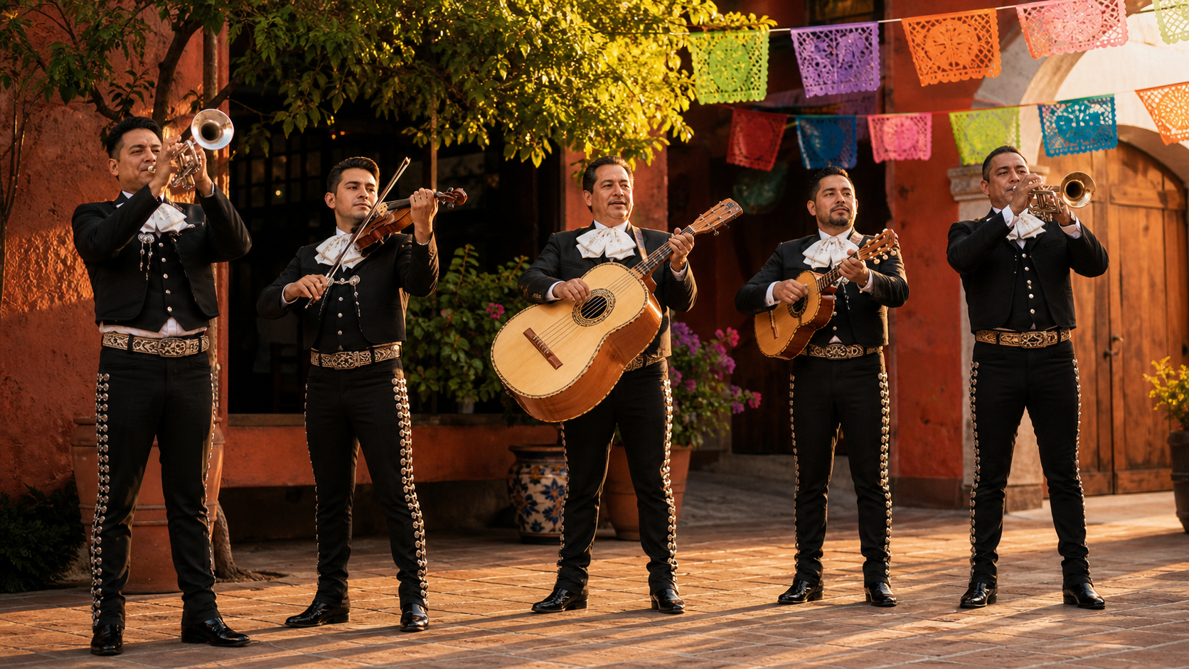 Mariachi tocando en un patio tradicional de Tlaquepaque